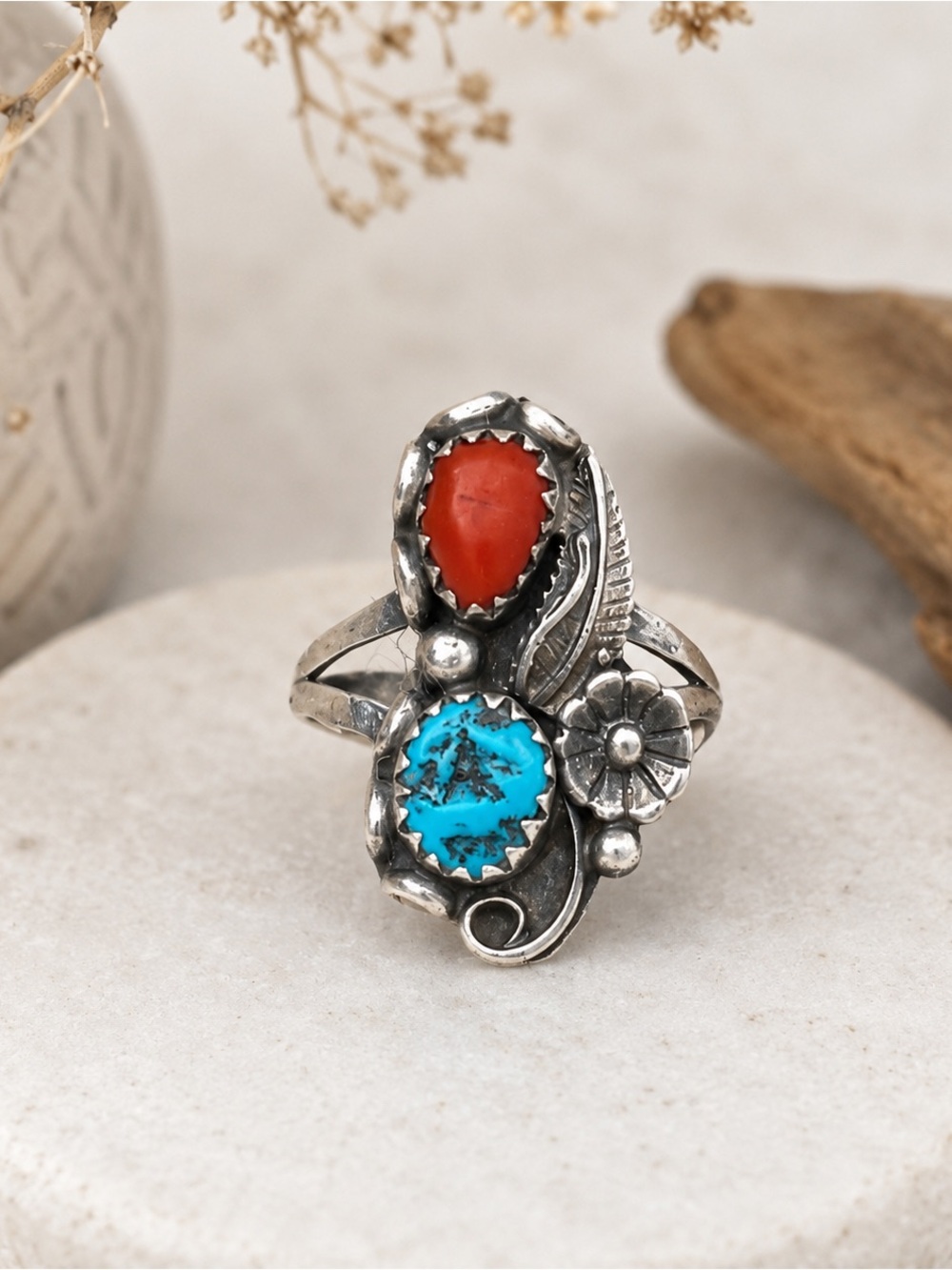 Sterling Silver Turquoise and Coral Floral Statement Ring size 5.25